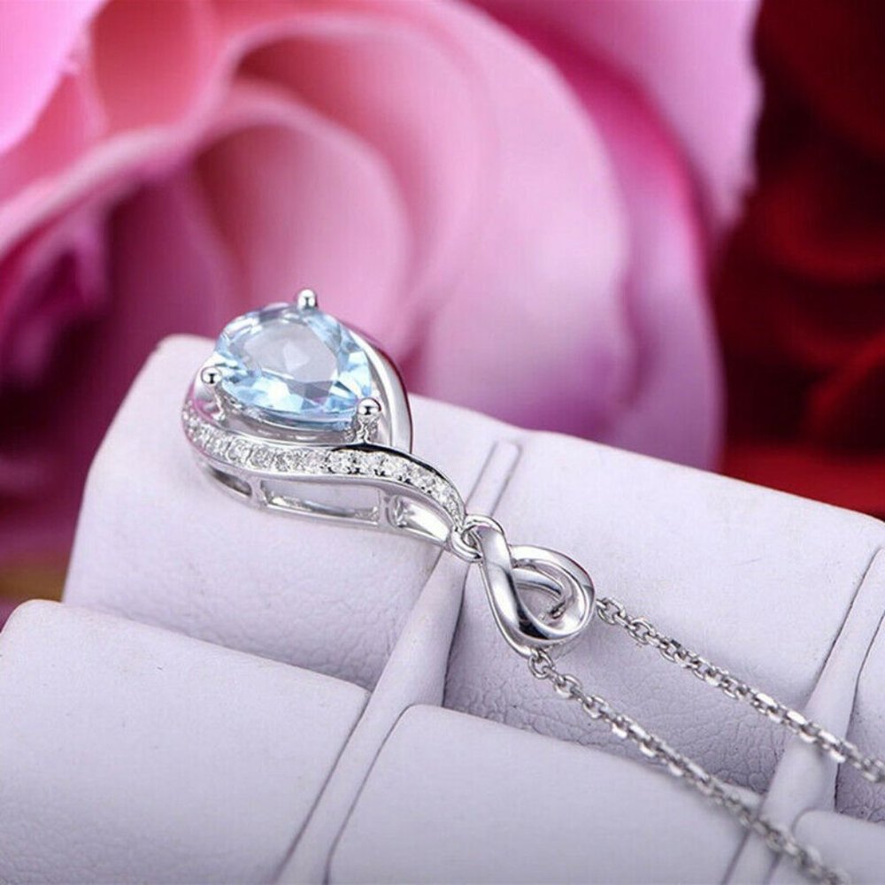 925 Sterling Silver Aquamarine Diamond Necklace - Picture 5 of 6